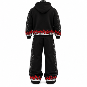 Conjunto de Sudadera con Capucha Oversize Unisex, Negro y Rojo, Estilo Urbano, Felpa Francesa 100% Algodón, con Bolsillo, Hip Hop, Gótico, Invierno, Bordado - Product Image 3