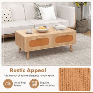 Tavolino da Caffè in Rattan Stile Mid-Century Moderno con 2 Cassetti Portaoggetti, Tavolo Centrale per Soggiorno - Product Image 2