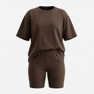 Conjunto de 2 Piezas para Mujer, Camiseta de Manga Corta de Color Sólido Tejida y Pantalones Cortos por Encima de la Rodilla, Estilo Casual, Transpirable, Holgado, para Primavera/Verano - Product Image 1