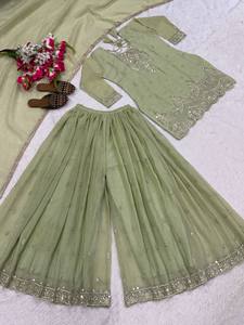 Zardosi verde y traje Sharara bordado de lentejuelas con Dupatta para mujer traje de fiesta de boda y festival indio - Product Image 2