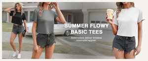 T-shirt court en maille unie décontracté à manches courtes et col rond pour femme, coupe ample, idéal pour le printemps et l'été au quotidien - Product Image 6