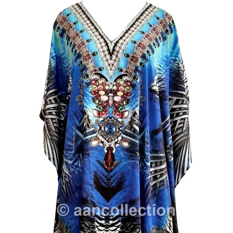 Long Blue Kaftan Dress Wholesale Manufacturer Moroccan Caftan Polyester Beachwear Swimsuit Cover Ups Print for Women Loose Woven