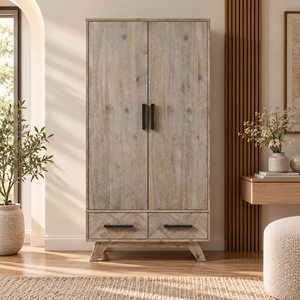 Armoire de chambre à coucher en bois massif d'acacia, 2 portes, 2 tiroirs, meuble de rangement moderne avec personnalisation OEM ODM en gros - Product Image 1
