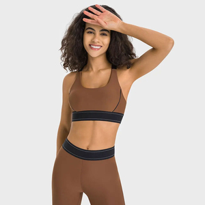2026 Wholesale Women's Yoga Set Brown Racerback Sports Bra High Waist Leggings Seamless Contrast Binding 2 Piece Workout Wear - Product Image 6