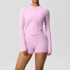 Conjunto de Yoga para Mujer: Shorts Ajustados de Gimnasio con Cintura Elástica, Ligeros, Transpirables, con Bolsillos y Top de Manga Larga con Cremallera - Product Image 2