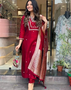 Leranath Fashion Red Embroidered <b>Kurta</b> Pant Set Dupatta Traditional <b>Indian</b> Pakistani Wedding Outfit Casual Wear Women - Product Image 1
