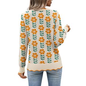 Custom Floral Jacquard <strong>Women</strong> Sweaters <strong>Mustard</strong> Yellow Scalloped Hem Crewneck Long Sleeve Breathable Soft Acrylics <strong>Jumpers</strong> - Product Image 2