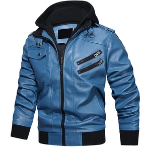 Veste en cuir PU bleue pour homme avec capuche, manches longues, coupe-vent, style automne - Product Image 1