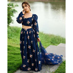 Conjunto de Lehenga Choli de Organza Azul Brillante Ecológico para Mujer, Manga Larga, Estampado Digital, para Todas las Temporadas, Boda, Corte Regular, Talla XS - Product Image 4
