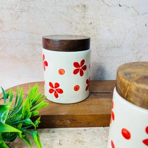 Handcrafted Ceramic <b>Storage</b> Jar Set Wooden Lid Airtight <b>Kitchen</b> Organizer Floral Design Durable Food Safe <b>Container</b> - Product Image 2