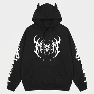 Sudadera con Capucha de Cuerno de Diablo Negro |   Sudadera estilo Y2K Punk Goth Streetwear |   Estampado tribal blanco con diseño de llamas en las mangas |   Sudadera extragrande de estilo estético - Product Image 2