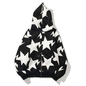 Logotipo personalizado al por mayor Streetwear Full Face Zip up Hombres Suéter Chaqueta Abrigo Hombres Zip Sudadera con capucha con estampado de estrellas - Product Image 3