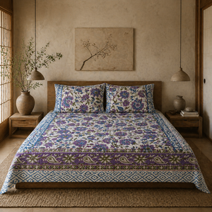 Jaipur Hand Made <b>Block</b> Printed Intricate Floral Bedsheet Set 3 PC King Size 100% Cotton 200TC Machine Washable Soft Durable - Product Image 5