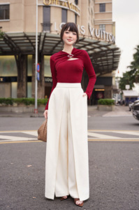 Women's Cream Polyester Spandex Wide Leg <b>Split</b> Pants Casual Office High Waist Designer <b>Trousers</b> Fashion Pants ELOWEN - Product Image 2