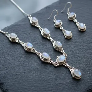 Parure de bijoux en argent sterling 925 avec pierre de lune arc-en-ciel, collier et boucles d'oreilles, design chaîne ovale, sertissage clos, bijoux pour femme - Product Image 2