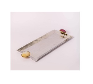 Plateau de service alimentaire en aluminium martelé avec poignées, design fantastique, couleur argent, plateau pour collations et fruits en Inde - Product Image 2