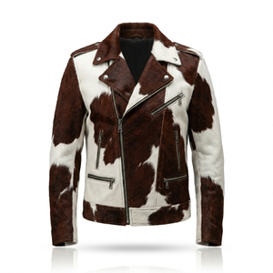 OEM Custom Men's Genuine Hair-On <b>Sheepskin</b> Leather <b>Jacket</b> Wholesale Animal Print Biker Moto Coat Factory Direct - Product Image 4