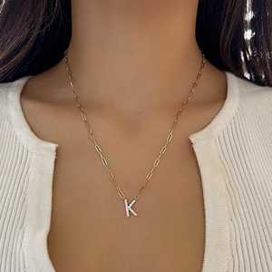 Diamond Initial Paperclip Chain <b>Necklace</b> Letter Alphabet Pendant Minimalist Layering Fine Jewelry <b>Custom</b> <b>Name</b> 14K 18K Solid Gold - Product Image 2