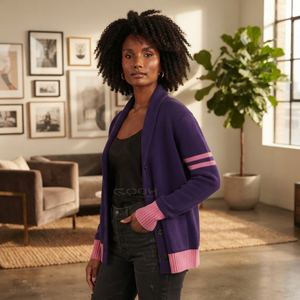 Cosh International Acrylic Sorority Sisterhood <b>Purple</b> Pink Knitted <b>Cardigan</b> Long Sleeve Notched Collar Classic Style Button - Product Image 4