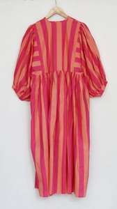 เดรสลายทางพิมพ์ลายบล็อกแฮนด์เมดความยาวปานกลาง |   ผ้าก๊อซฝ้ายโบฮีเมียน - Product Image 5