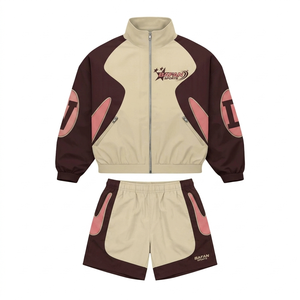 Women windbreaker short set 120 GSM polyester microfiber breathable <b>grey</b> black panel design custom heat transfer logo plus size - Product Image 3