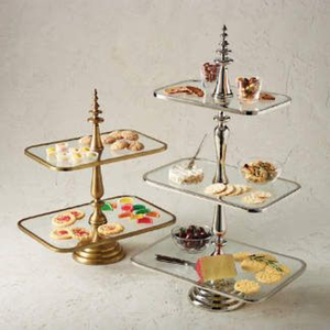 Hot Selling Two And Three Tier Glass <b>Cake</b> <b>Stand</b> With Metal Gold & Silver Finish Base Rectangle Shape For Elegant Dessert Display - Product Image 1