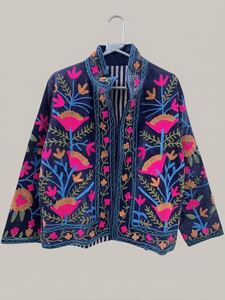 Custom Luxury Handmade Floral Embroidery <b>Velvet</b> <b>Jacket</b> <b>Women</b> Retro Designer Short Coats Stand Collar Open Front Boho Casual - Product Image 3