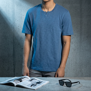 T-shirt à manches courtes pour homme, bleu, col rond, coupe classique, couleur unie, style décontracté, tissu jersey 100% coton - Product Image 6