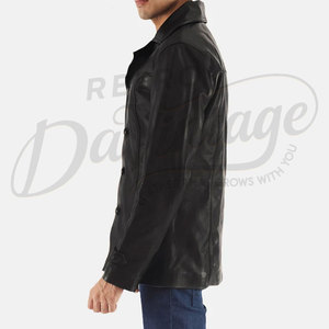 Blazer en cuir véritable noir pour homme, coupe classique ajustée, veste en cuir décontractée pour affaires, élégante, en peau de mouton souple - Product Image 6
