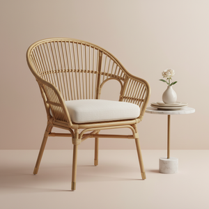 Silla de Comedor de Ratán Estilo Tropical Cocoon, Tapicería de Lino de Lujo 100% Hecha a Mano, Muebles Ecológicos para el Hogar, Precio de Fabricante - Product Image 1