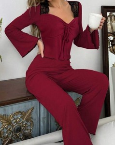 Women's Knitted Lounge Set Long Sleeve Bow Collar Solid Color Soft Stretchy Full Length <b>Pants</b> Autumn Wear - Product Image 1