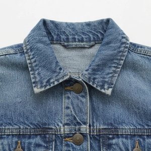 TRAMA SPORTS APPAREL Plus Size Women's <b>Cropped</b> Blue Washed Denim Varsity Jacket <b>Long</b> <b>Sleeve</b> Button Turn Collar Bamboo Lining - Product Image 6