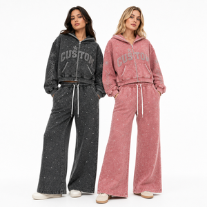 Ensemble de survêtement Y2K pour femme, violet, avec strass scintillants, style vintage délavé à l'acide, comprenant un sweat à capuche court et un pantalon de survêtement large, idéal pour l'été - Product Image 4