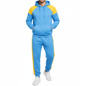ชุดวอร์มผู้ชายแบบสั่งทำพิเศษ – เสื้อฮู้ดแขนแร็กแลนสีฟ้าสดใสและสีเหลือง – ชุดกีฬาพร้อมกางเกงเข้าชุด ขอบแขนเสื้อแบบตัดกัน - Product Image 1