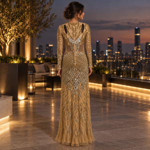 Gold Beaded Mermaid <b>Evening</b> <b>Dress</b> | V-Neck Long Sleeve Floor Length Formal Gown <b>for</b> Party <b>Wedding</b> Guest Special Occasion Elegant - Product Image 2