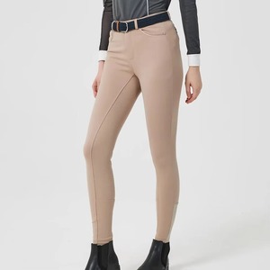 Culotte d'équitation taille haute pour femme, longueur intégrale, en tricot extensible quatre directions (Spandex, Polyester), avec poches, couleur unie beige, séchage rapide, pour l'équitation - Product Image 1