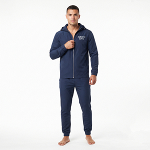 <b>Men's</b> <b>Navy</b> Blue Hooded Tracksuit Full Zip Jacket <b>Jogger</b> Pants Set Casual Athletic Wear Solid Color Breathable - Product Image 1