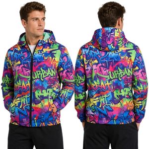 Veste coupe-vent à capuche en polyester respirant de haute qualité avec dégradé ondulé bleu-vert et rose, sublimée, avec fermeture éclair - Product Image 5