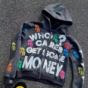 Custom Rhinestone <b>Cropped</b> <b>Zip</b> <b>Up</b> Hoodie Washed 100% Cotton Screen Print Hip Hop Style Hoodie For Men OEM Wholesale - Product Image 4