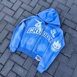 Chaqueta de streetwear para hombre 2026 personalizada con lavado ácido, felpa francesa, impresión DTG y serigrafía, con pedrería, estilo vintage y cremallera, con capucha. - Product Image 1