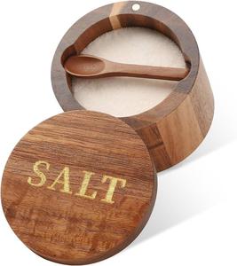 Pot à sel en bois d'acacia écologique avec couvercle et cuillère, étanche, compatible lave-vaisselle, pot rond en forme de cochon - Product Image 1