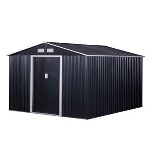 Capanno in Metallo Grigio Scuro 3,35m x 2,74m con Doppie Porte Scorrevoli e 4 Prese d'Aria per Attrezzi da Giardino - Esterno, Patio, Prato - Product Image 1