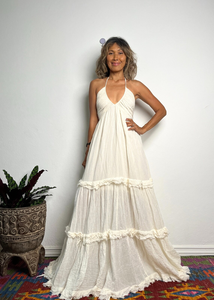 Wholesale Women's Ethereal White Maxi Dress Tiered Ruffle Organic Cotton Eco-Friendly Vintage Bohemian V-Neck Raw Dress Dress - Product Image 6