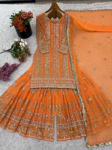 Vestido Étnico Indio Pakistaní de Diseño Moderno en Georgette Pesado de Imitación, Salwar Kameez Modesto y Conjunto Palazzo Dupatta de Seda Chinon para Fiesta - Product Image 4