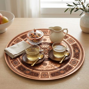 Plateau décoratif rond en laiton et cuivre, gravure mandala complexe, style vintage, assiette de présentation en métal, décoration murale - Product Image 2
