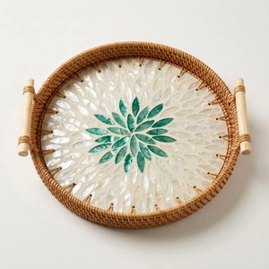 Ensemble de plateaux de service décoratifs multifonctionnels en rotin naturel fait main et nacre, design floral bohème, pour la cuisine et la salle à manger - Product Image 6