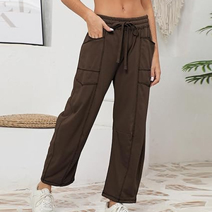 Pantalones de chándal cargo holgados de algodón 100% teñido en prenda, de cintura alta con cordón, de pierna ancha, informales, de moda en TikTok para mujer, ideales para primavera. - Product Image 5