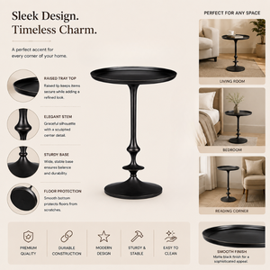 Modern <b>Round</b> Pedestal <b>Side</b> <b>Table</b> with Raised Tray Top and Elegant Stem Design | Black Minimalist Accent End <b>Table</b> for Home room - Product Image 2