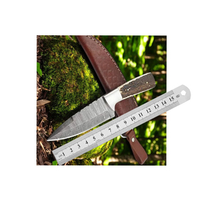 Cuchillo de desollar de Damasco con mango de madera, cuchillo de desollar de Damasco con funda de cuero, cuchillo de desollar de Damasco de espiga completa - Product Image 1