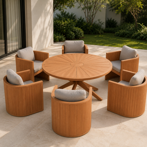 Modern <b>Outdoor</b> Teak Wood <b>Round</b> Dining Set Patio Garden Furniture 6 Seater Dining <b>Table</b> and Armchairs for Villa Resort Hotel - Product Image 1